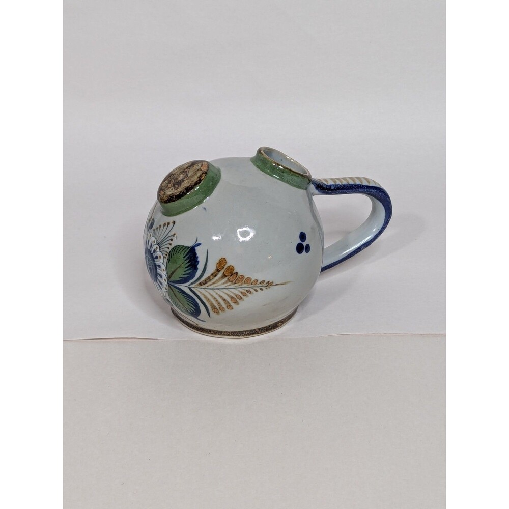 Tonala Mexico Signed MO Watering Can Small Folk Art Blue Flower Rustic Artisan